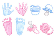 Little Blue Pink Palm, Handprint, Footprint. Pacifier, Dummy For Newborn Girl, Boy. Baby Shower, Gender Reveal Party. Hand Drawn Watercolor Illustration Isolated On White Background