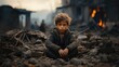 Little boy sitting in ruin after bombing