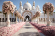 White wedding decoration with flowers in front of a mosque, featuring faith, an arched doorway, and Islamic art and architecture, creating a serene and culturally rich ambiance