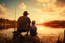 The Back View Portrait Of A Father And Son Sitting On The Rocks Near The Natural Lake And Spending Time Together By Fishing Fishes. Generative AI.