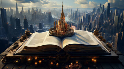 Magical image of open antique book over wooden table.Ai
