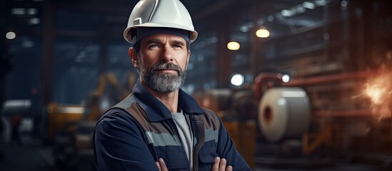 Wall Mural - The man in charge of the construction business worked alongside his team of skilled workers in the warehouse of the metal plant ensuring a strong sense of teamwork and a focus on safety in t