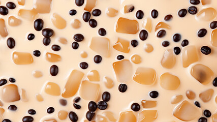 Bubble Milk Tea or Ice Coffee as textured milky background. Trendy drinks concept. 16:9. AI generated design. 