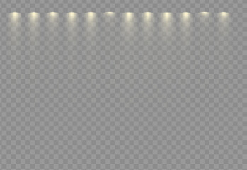 Fototapete - Light rays effect vector on transparant scene. Stage lamp on award ceremony flare the event. Spot beam shine and glow, illuminate concert studio.