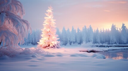 Wall Mural - Winter snow-covered forest in the early morning and a Christmas tree sparkling with festive garlands