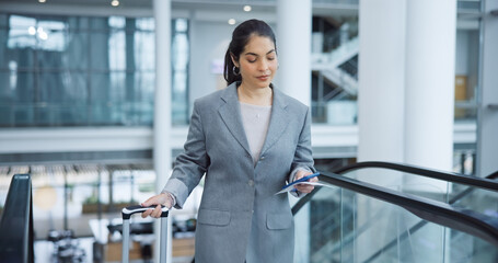 Sticker - Business, escalator and travel with woman, smartphone and social media with accountant, suitcase and ticket. Person, employee and broker with a cellphone, airport or convention with connection or app