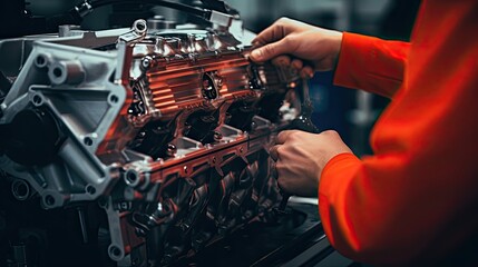 A mechanic in a car factory is installing engines for cars on the production line inside the factory.