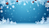 Fototapeta Panele - Christmas on a blue background with snowflakes and balls. Postcard. Bokeh. Banner. Copy space. Generated by Ai. Edited in Photoshop