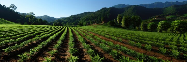 A newly planted green farm extends into the distance, framed by distant mountains beneath a serene blue sky. Photorealistic illustration