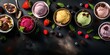 Gourmet summer dessert of artisanal or craft ice cream made with fresh berries, macaroons, coffee beans, pistachio nuts and chocolate served in bowls in a wide angle banner : Generative AI