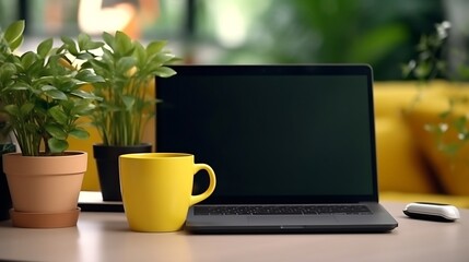 Aufkleber - Close up of yellow cup of coffee, laptop with mock up screen and green potted plant on glass designer table. Blogger, freelancer workplace. : Generative AI