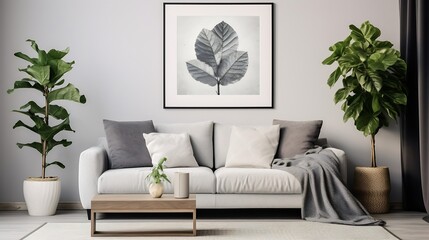 Wall Mural - Creative composition of living room interior with mock up poster frame, gray sofa, black coffee table, patterned rug, plants in flowerpots, slippers and personal accessories. Home deco : Generative AI