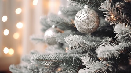 Classic Christmas decorated New year tree. Christmas tree with wite and silver decorations, ornaments toy and ball. Modern classical style interior design apartment. Christmas eve at h : Generative AI