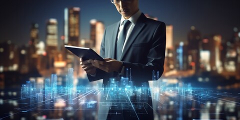 Leinwandbilder - Digital technology, Business network connection, Teamwork, Deal, Partnership and data exchange, Investment analysis, planning and strategy. Businessman working with digital device on s : Generative AI