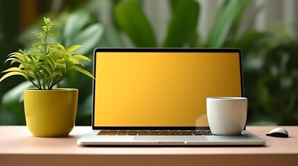 Aufkleber - Close up of yellow cup of coffee, laptop with mock up screen and green potted plant on glass designer table. Blogger, freelancer workplace. : Generative AI