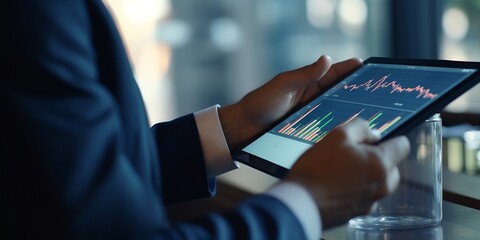 Poster - Businessman using tablet analyzing sales data and economic growth graph chart. Business planning and strategy. Analysing trading of exchange. Financial and banking. Technology digital  : Generative AI