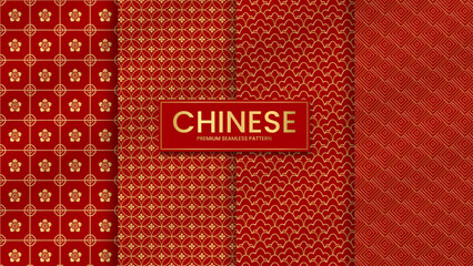Wall Mural - Chinese luxury seamless pattern set. Red and gold chinese oriental pattern