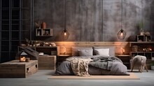 Comfortable Loft Style Bedroom With Wooden Top Bed Made From Old Pallets. : Generative AI