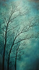 Wall Mural - A teal tree, its branches reaching up towards a gradient sky of teal and blue. The juxtaposition of the calming teal color and the strength of the trees form creates a sense of balance and