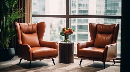 Two minimalistic leather armchairs standing near coffee table in luxury office or bright stylish apartment. Open book, agenda or planner in meeting room at business center