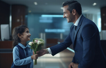 Wall Mural - Cute indian little girl giving flowers to businessman