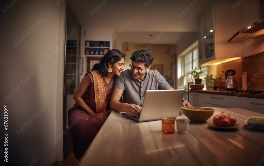 young indian couple using laptop at home Stock Photo | Adobe Stock
