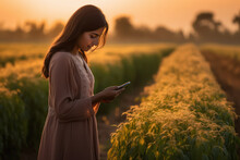 Young Indian woman using smartphone in the field