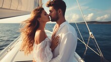 Lovely Couple Dressed In White On Yacht Deck, Sailing In The Sea. Handsome Man And Beautiful Woman Having Romantic Date. Luxury Travel Concept.