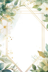 Wall Mural - Watercolor floral illustration - leaves and branches wreath / frame with gold geometric shape, for wedding stationary, greetings, wallpapers, fashion, background. Eucalyptus, olive, green leaves, etc.