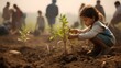 children planting plants for ecology environment