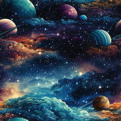 Wall Mural - Watercolor galaxy space cosmic repeat pattern