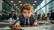 Baby Businessman in suit crawling on office desk