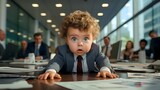 Fototapeta  - Baby Businessman in suit crawling on office desk