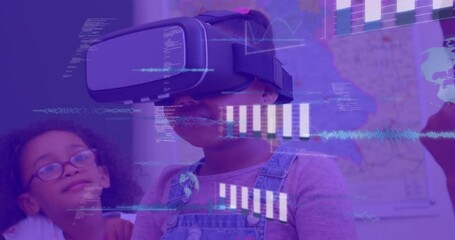 Sticker - Animation of graphs, globe and computer language over biracial girl using vr headset