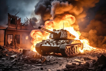 Wall Mural - War Concept. Attack on a peaceful city or village. Hostilities. Tank against the background of fire, smoke and explosions. Fire in a destroyed house. Battle in ruined city.