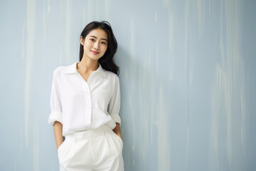 Young japanese woman in white shirt and pant.