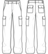 mens wide leg baggy cargo pant flat sketch vector illustration front and back view technical cad drawing template