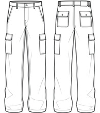 Mens Wide Leg Baggy Cargo Pant Flat Sketch Vector Illustration Front And Back View Technical Cad Drawing Template