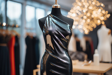 A beautiful black dress on a mannequin in a fashion salon. Shopping concept. Generated by artificial intelligence