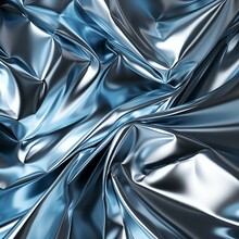 Abstract Background Of Smooth Holographic Shiny Textiles, Material With Folds, Silver Foil.