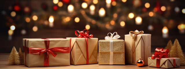 Poster - Elegantly wrapped Christmas presents adorned with shimmering ribbons, placed on a table, with a softly lit Christmas tree in the background