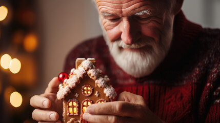 Canvas Print - An elderly man with a white beard and glasses is smiling joyfully while holding a gingerbread house, with Christmas lights creating a bokeh effect in the background.