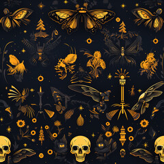 Wall Mural - Dark moth cartoon repeat pattern, insect ethnic death gothic art 