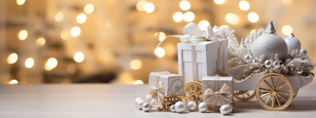 Poster - Elegant white gift boxes with golden ribbons are presented in a decorative carriage, set against a glowing Christmas tree adorned with shimmering lights and ornaments.