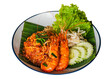 Pad Thai and river prawns on a white background
