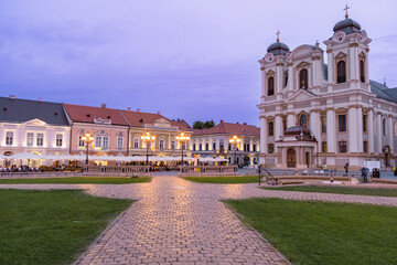 Union Square in night illumination of Timisoara outdoors.