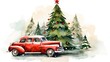 © Ziyan Yang - Red retro car with a christmas tree in the trunk on the roof. Christmas card in watercolor style drawing with Santa's car, free hand drawing, vector illustrations.