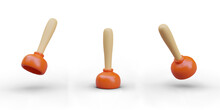 Set Of Red Sink Plungers. View From Front, Top, Bottom. Plunger Cup With Wooden Handle. Tool For Cleaning Clogged Water Pipes. Isolated Image On White Background