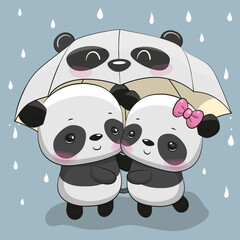 Sticker - Cartoon pandas with umbrella under the rain