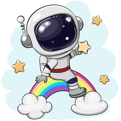 Wall Mural - cartoon astronaut is sitting on the rainbow
